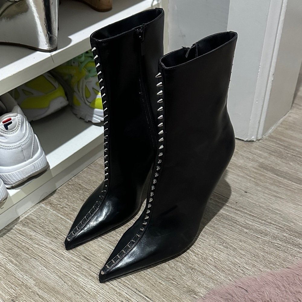 Zara Black Pointed Heeled Boots with Silver Studs